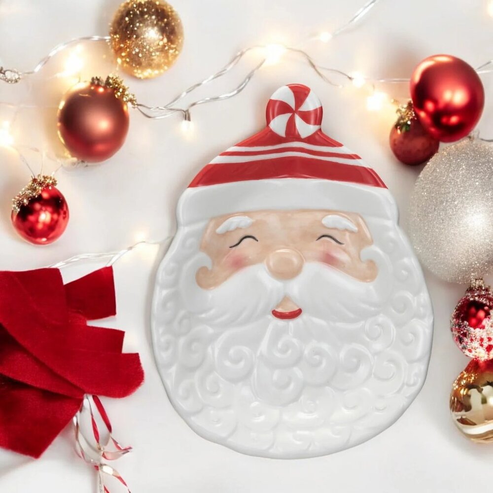 Creative Co-Op Hand-Painted Ceramic Santa Shaped Plate/NIB